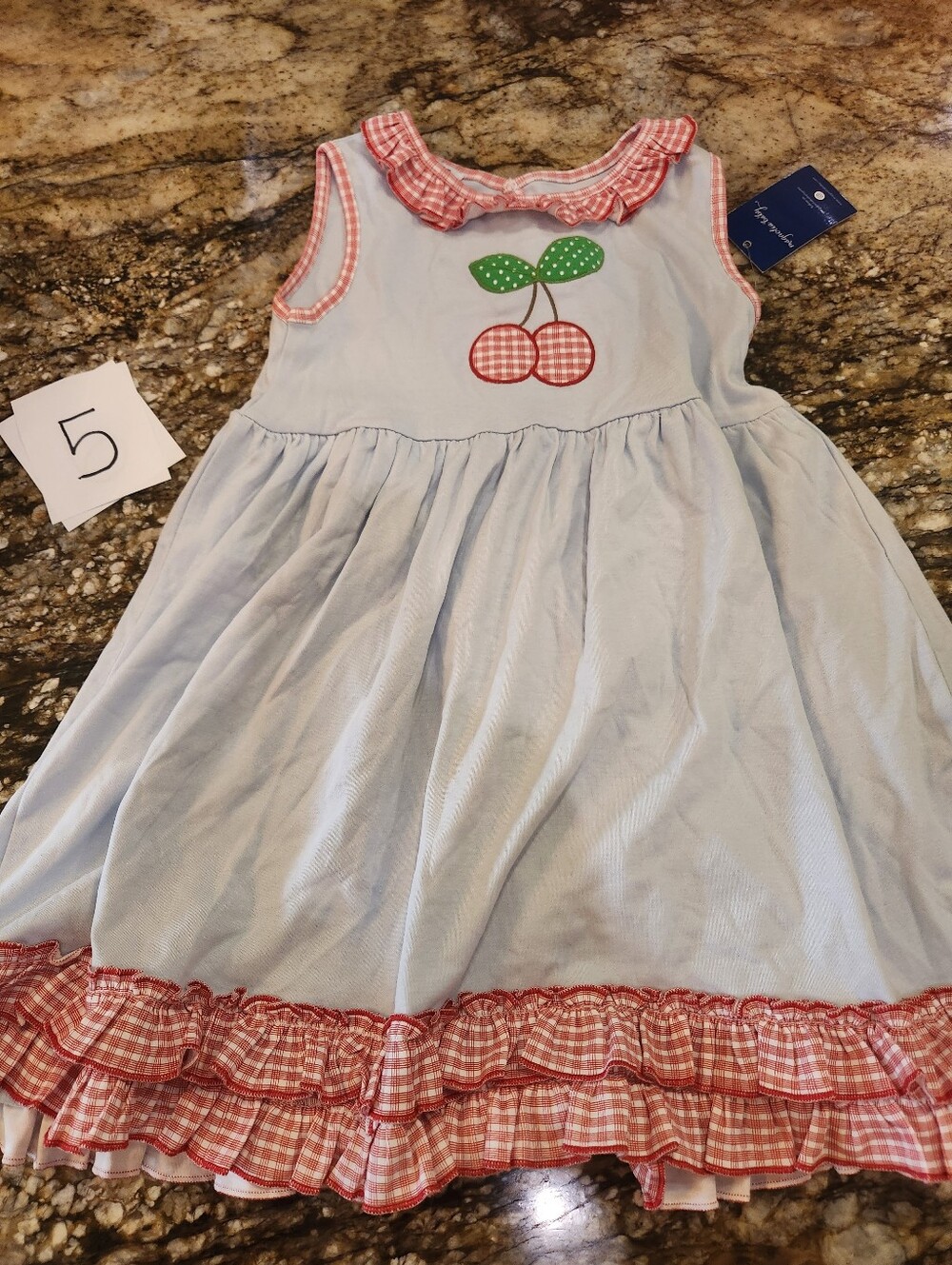 Light Blue Cherry Appliqué Ruffle Dress for Girls